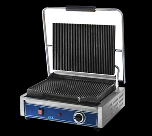 Globe GPG1410 Grooved Iron Top & Bottom Panini Sandwich Grill - 14" x 10" Cooking Surface - 120V, 1800W-cityfoodequipment.com