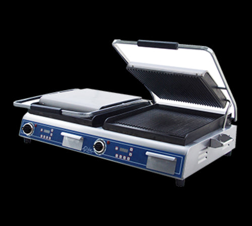 Globe GPGDUE14D Double Commercial Panini Press w/ Cast Iron Grooved Plates, 208-240v/1ph-cityfoodequipment.com