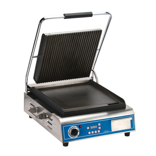 Globe GPGS14D Commercial Panini Press w/ Cast Iron Grooved Top/Smooth Bottom Plates, 120v-cityfoodequipment.com