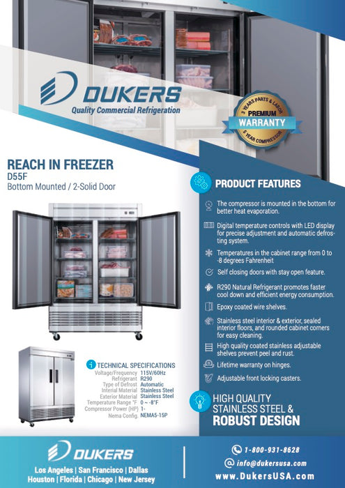 Dukers D55F 2-Door Commercial Freezer-cityfoodequipment.com