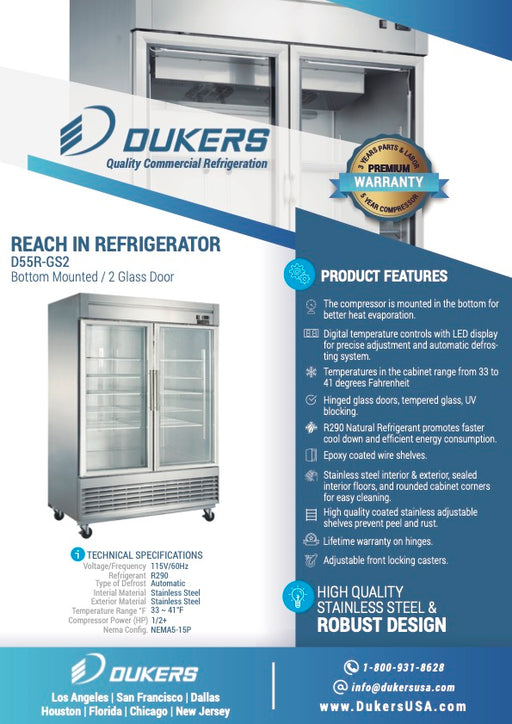 Dukers D55R-GS2 Bottom Mount Glass 2-Door Commercial Reach-in Refrigerator-cityfoodequipment.com