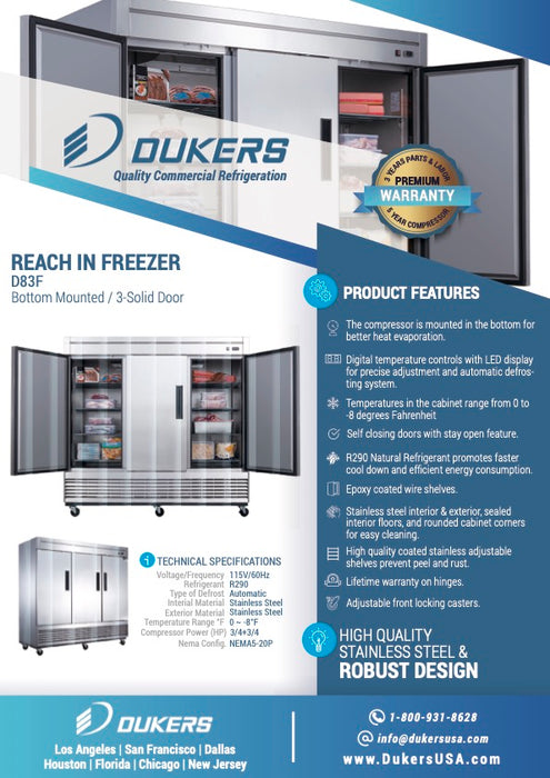 Dukers D83F 3-Door Commercial Freezer-cityfoodequipment.com