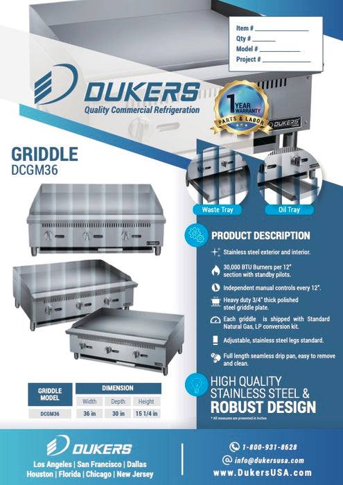 Dukers DCGM36 36 in. W Griddle with 3 Burners-cityfoodequipment.com