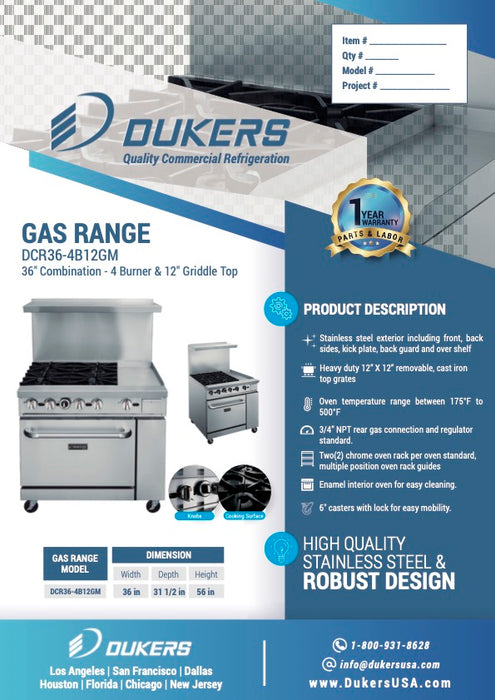 Dukers DCR36-4B12GM 36″ Gas Range with Four (4) Open Burners & 12″ Griddle-cityfoodequipment.com