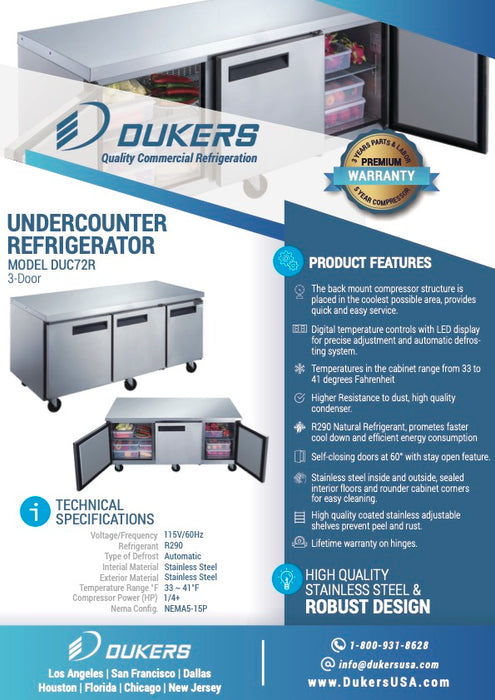 Dukers DUC72R 3-Door 72" Undercounter Commercial Refrigerator-cityfoodequipment.com