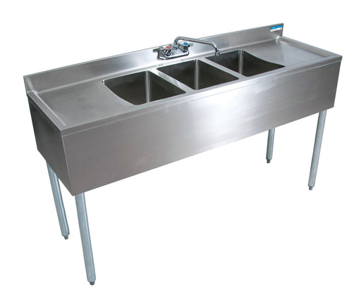 18"X60" Underbar Sink w/ Legs 3 Compartment Two Drainboards & Faucet-cityfoodequipment.com