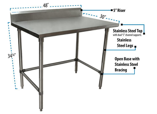 18 ga. S/S Work Table With Open Base 5" Riser 48"Wx30"D-cityfoodequipment.com