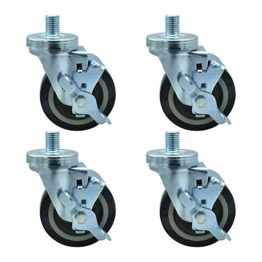 Set of (4) 4" Polyurethane Wheel 3/4"-10x1" Threaded Stem Swivel Casters With Top Lock Brake-cityfoodequipment.com