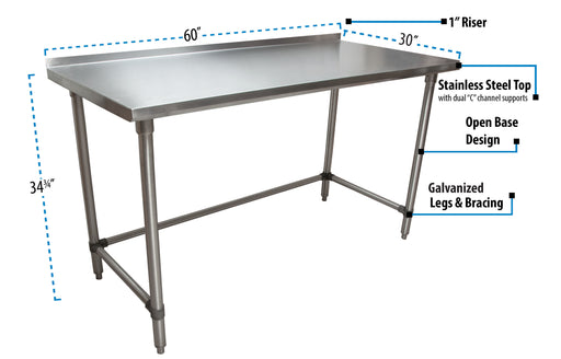 18 ga. S/S Work Table With Open Base 1.5" Riser 60"Wx30"D-cityfoodequipment.com