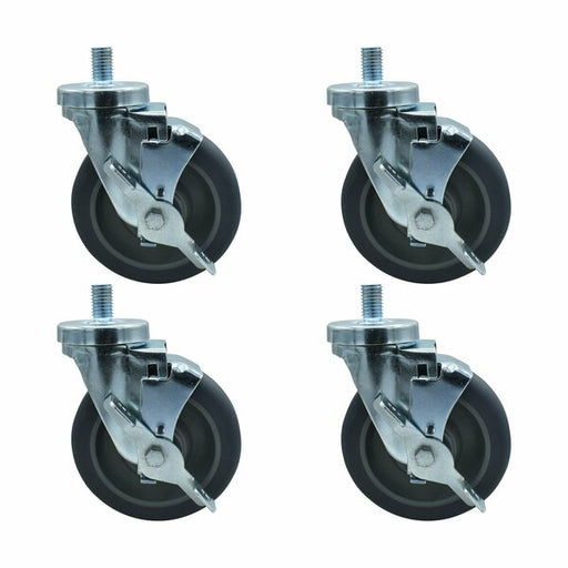 Set of (4) 5" Gray Rubber Wheel 5/8"-13x1" Threaded Stem Swivel Casters With Top Lock Brake-cityfoodequipment.com