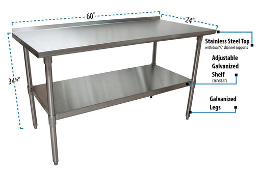 18 ga. S/S Work Table With Undershelf 1.5" Riser 60"Wx24"D-cityfoodequipment.com
