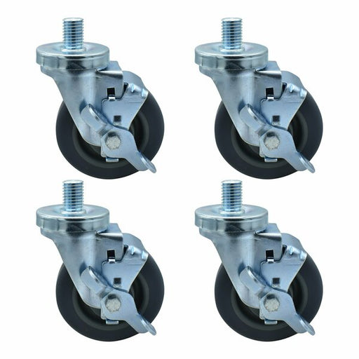 Set of (4) 4" Gray Rubber Wheel 3/4"-10x1" Threaded Stem Swivel Casters With Top Lock Brake-cityfoodequipment.com