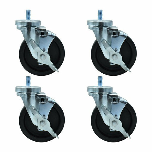 Set of (4) 5" Polyolefin Wheel 1/2"-13x1" Threaded Stem Swivel Casters With Top Lock Brake-cityfoodequipment.com