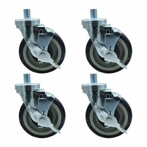Set of (4) 5" Polyurethane Wheel 3/4"-10x1" Threaded Stem Swivel Casters With Top Lock Brake-cityfoodequipment.com