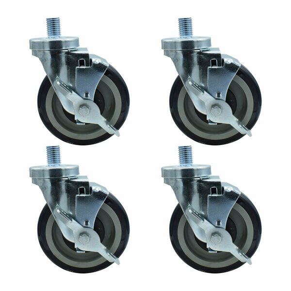 Set of (4) 5" Polyurethane Wheel 3/4"-10x1" Threaded Stem Swivel Casters With Top Lock Brake-cityfoodequipment.com