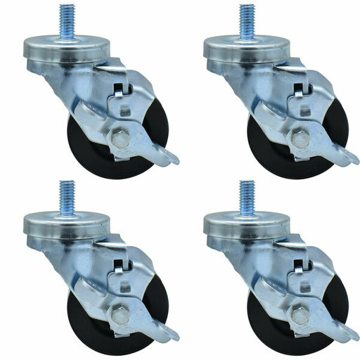 Set of (4) 3" Hard Rubber Wheel 1/2"-13x1" Threaded Stem Swivel Casters With Top Lock Brake-cityfoodequipment.com