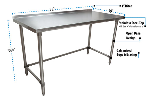 18 ga. S/S Work Table With Open Base 1.5" Riser 72"Wx30"D-cityfoodequipment.com
