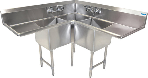 BK Resources BKCS-3-18-14-18T 57" 3 Compartment Corner Sink w/ 18"L x 18"W Bowl, 14" Deep-cityfoodequipment.com