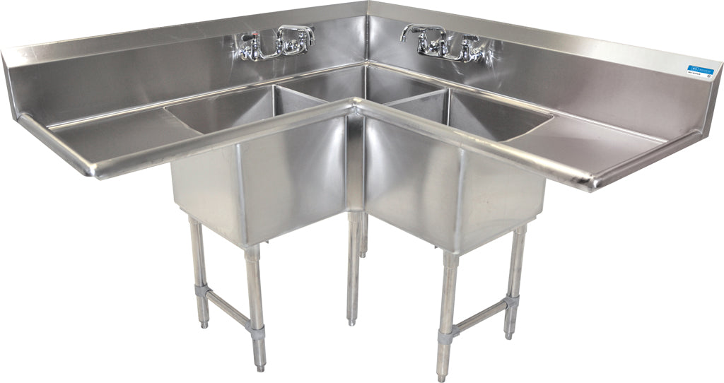 BK Resources BKCS-3-24-14-24T 75" 3 Compartment Corner Sink w/ 24"L x 24"W Bowl, 14" Deep-cityfoodequipment.com
