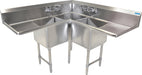 BK Resources BKCS-3-24-14-24T 75" 3 Compartment Corner Sink w/ 24"L x 24"W Bowl, 14" Deep-cityfoodequipment.com