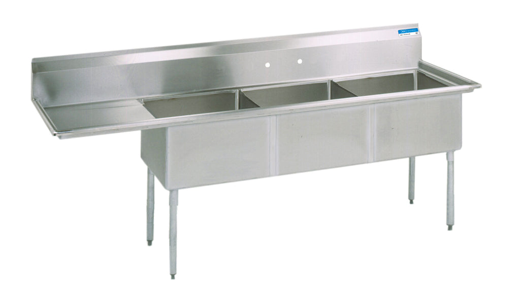 BK Resources BKS-3-1824-14-24L 80 1/2" 3 Compartment Sink w/ 18"L x 24"W Bowl, 14" Deep-cityfoodequipment.com