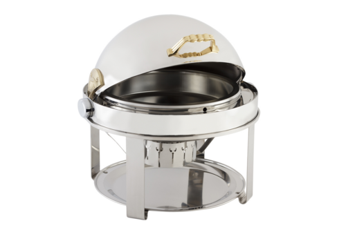 Bon Chef 12010 2-Gallon Roll Down Round Chafer, Stainless W/ Brass Accent-cityfoodequipment.com