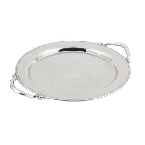Bon Chef 61334 13" Round Tray W/ Handle & Etching, Border, Stainless-cityfoodequipment.com