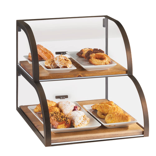 Cal-Mil 3931-S-84 2 Tier Pastry Display Case w/ Wood Trays - Plastic Case, Bronze Frame-cityfoodequipment.com