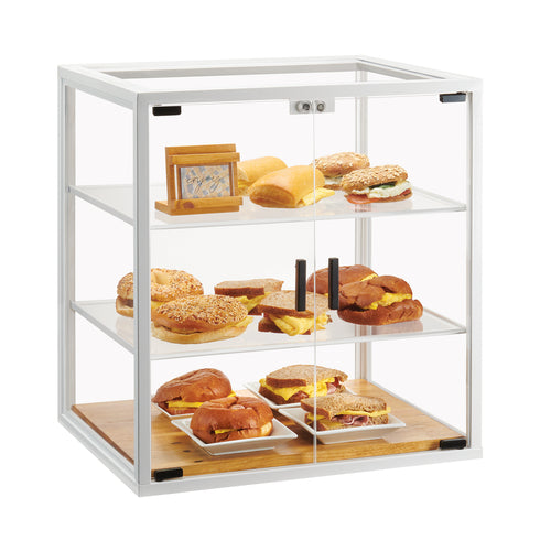 Cal-Mil 4312-15 3 Tier Pastry Display Case w/ Swing Doors - 21"W x 17"D x 23 1/4"H, Acrylic/Steel, White-cityfoodequipment.com