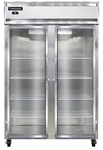 Continental 2RNSAGD 52" Two Section Reach In Refrigerator, (2) Left/Right Hinge Glass Doors, Top Compressor, 115v-cityfoodequipment.com