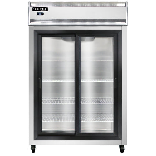 Continental 2RNSGD 52" Two Section Reach In Refrigerator, (2) Sliding Glass Doors, Top Compressor, 115v-cityfoodequipment.com