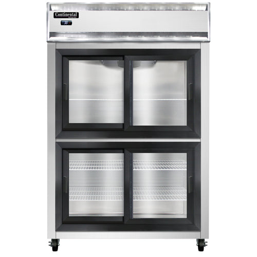 Continental 2RNSGDHD 52" Two Section Reach In Refrigerator, (4) Sliding Glass Doors, Top Compressor, 115v-cityfoodequipment.com