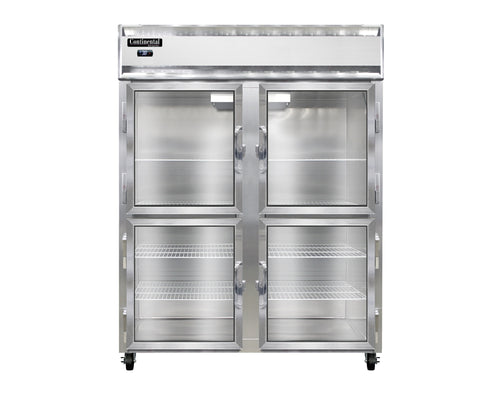 Continental 2RENSSSGDHD 57" Two Section Reach In Refrigerator, (4) Sliding Glass Doors, Top Compressor, 115v-cityfoodequipment.com