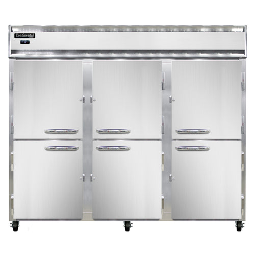 Continental 3FENHD 85 1/2" Three Section Reach In Freezer, (6) Left/Right Hinge Solid Doors, 115/208-230v-cityfoodequipment.com