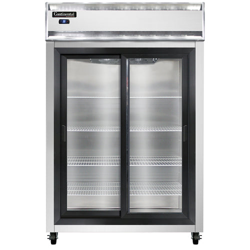 Continental 2RSNSGD 52" Two Section Reach In Refrigerator, (2) Sliding Glass Doors, Top Compressor, 115v-cityfoodequipment.com