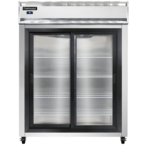 Continental 2RESNSGD 57" Two Section Reach In Refrigerator, (2) Sliding Glass Doors, Top Compressor, 115v-cityfoodequipment.com