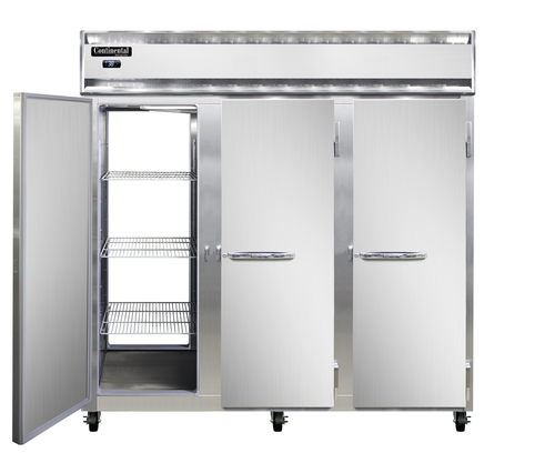Continental 3RNPT 78" Three Section Pass Thru Refrigerator, (6) Left/right Hinge Solid Doors, Top Compressor, 115v-cityfoodequipment.com