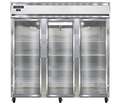 Continental 3RNSAGD 78" Three Section Reach In Refrigerator, (3) Left/right Hinge Glass Doors, Top Compressor, 115v-cityfoodequipment.com