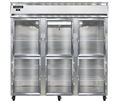 Continental 3RNSAGDHD 78" Three Section Reach In Refrigerator, (6) Left/right Hinge Glass Doors, Top Compressor, 115v-cityfoodequipment.com