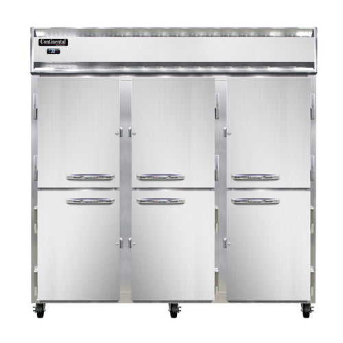 Continental 3RNSSHD 78" Three Section Reach In Refrigerator, (6) Left/right Hinge Solid Doors, Top Compressor, 115v-cityfoodequipment.com