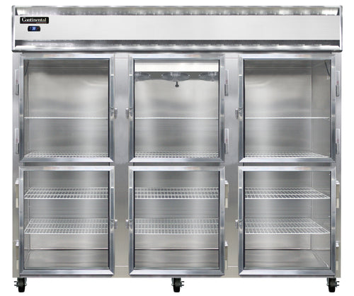Continental 3RENSAGDHD 85 1/2" Three Section Reach In Refrigerator, (6) Left/right Hinge Glass Doors, Top Compressor, 115v-cityfoodequipment.com