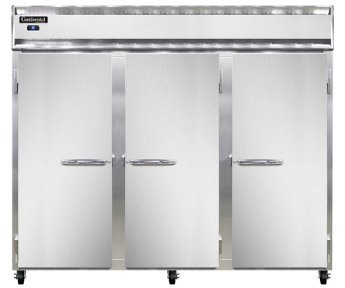 Continental 3RENSS 85 1/2" Three Section Reach In Refrigerator, (3) Left/right Hinge Solid Doors, Top Compressor, 115v-cityfoodequipment.com