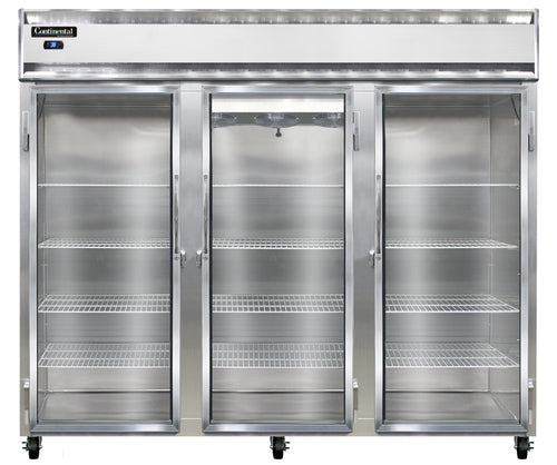 Continental 3RENSSGD 85 1/2" Three Section Reach In Refrigerator, (3) Left/right Hinge Glass Doors, Top Compressor, 115v-cityfoodequipment.com