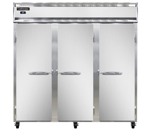 Continental 3RSNSA 78" Three Section Reach In Refrigerator, (3) Left/right Hinge Solid Doors, Top Compressor, 115v-cityfoodequipment.com