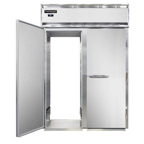 Continental D2RINRTE 68 1/2" Two Section Roll Thru Refrigerator, (4) Left/right Hinge Solid Doors, Top Compressor, 115v-cityfoodequipment.com