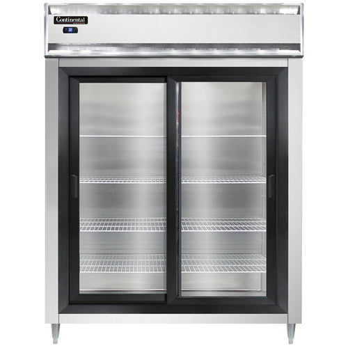 Continental D2RESNSSSGD 57" Two Section Reach In Refrigerator, (2) Sliding Glass Doors, Top Compressor, 115v-cityfoodequipment.com