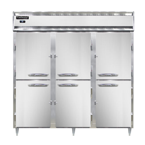 Continental D3RNHD 78" Three Section Reach In Refrigerator, (6) Left/right Hinge Solid Doors, Top Compressor, 115v-cityfoodequipment.com