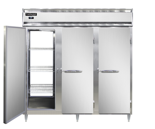 Continental D3RNPT 78" Three Section Pass Thru Refrigerator, (6) Left/right Hinge Solid Doors, Top Compressor, 115v-cityfoodequipment.com