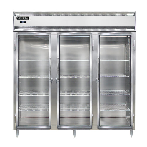 Continental D3RNSSGD 78" Three Section Reach In Refrigerator, (3) Left/right Hinge Glass Doors, Top Compressor, 115v-cityfoodequipment.com