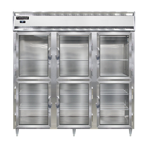 Continental D3RNSSGDHD 78" Three Section Reach In Refrigerator, (6) Left/right Hinge Glass Doors, Top Compressor, 115v-cityfoodequipment.com